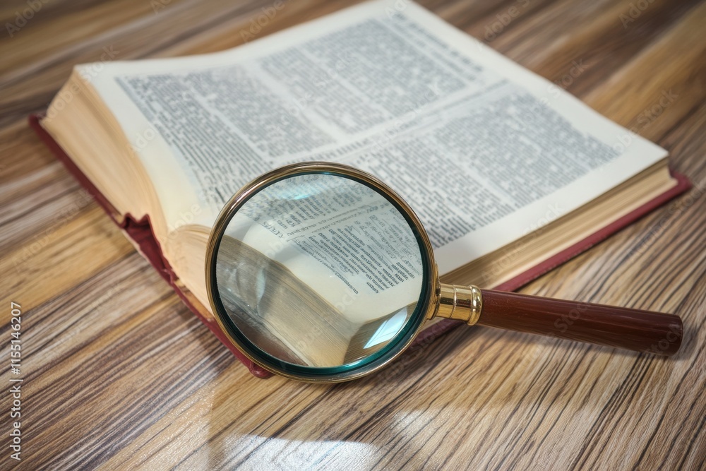 Poster a close-up of a magnifying glass resting on an open book, highlighting the pages with its lens.