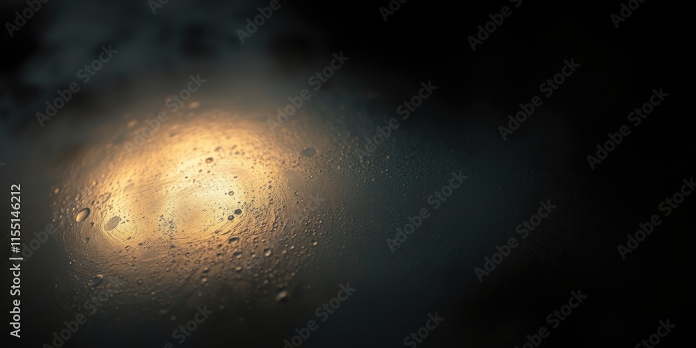 Poster raindrops cling to a dark surface, refracting a soft golden light that glows in the background, evok
