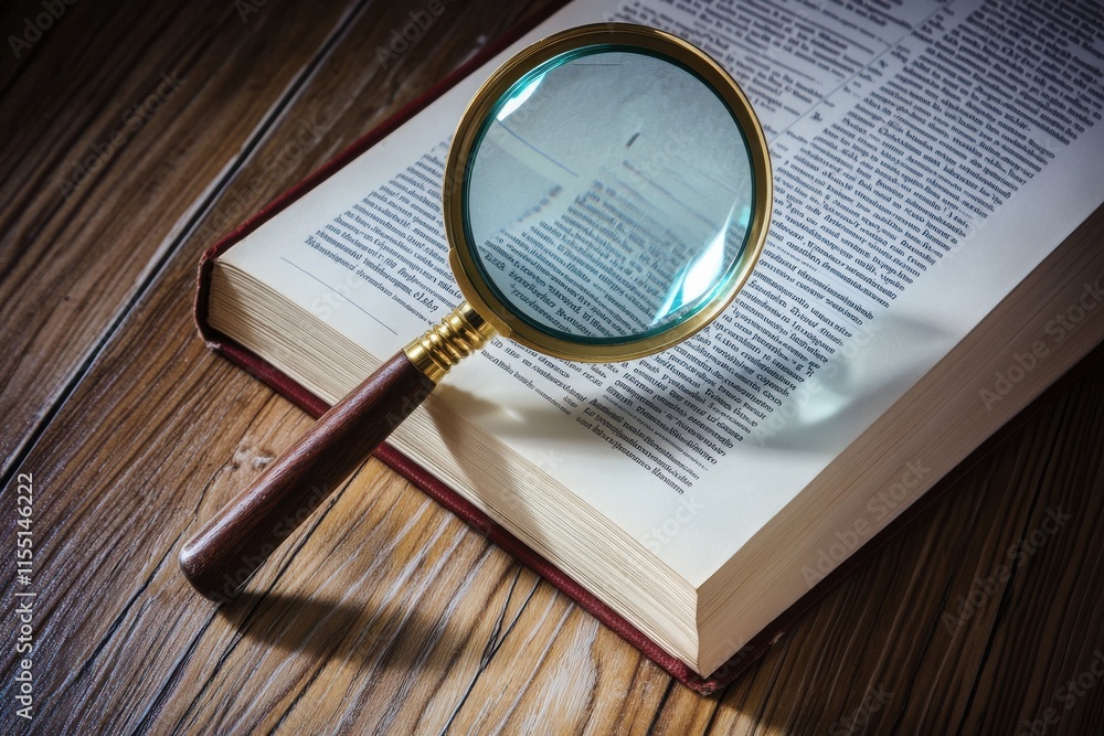 Aufkleber a magnifying glass rests on an open dictionary, symbolizing exploration and knowledge.