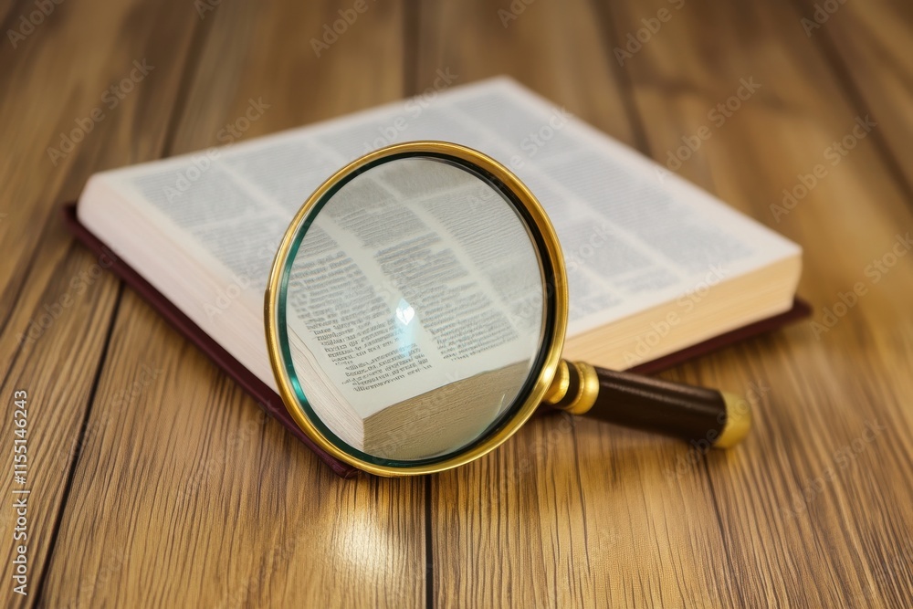 Poster a detailed view of a magnifying glass resting on an open book, highlighting the importance of readin