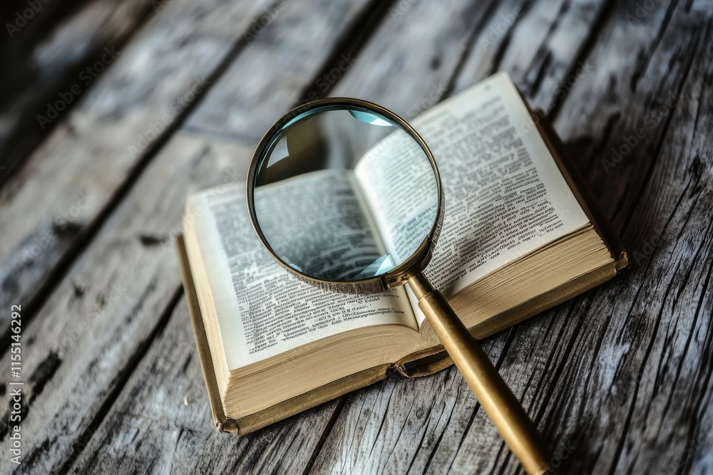 Poster a vintage magnifying glass resting on an open dictionary, emphasizing the quest for knowledge with w