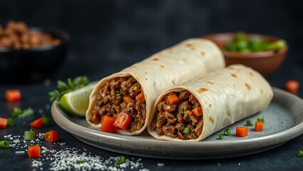 Traditional Mexican food, Beef burritos with meat and beans with vegetable