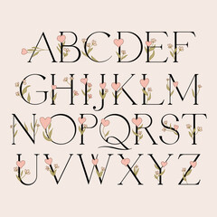 Modern saint valentine's day font with flowers and hearts, vector graphic, hand drawn, doodle