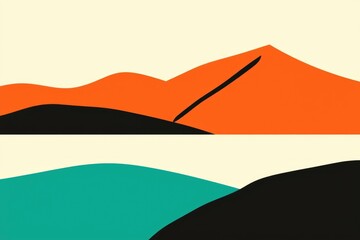 This artwork showcases bold colors and shapes, capturing a stylized depiction of mountains, hills, and a calm water surface under a soft sky