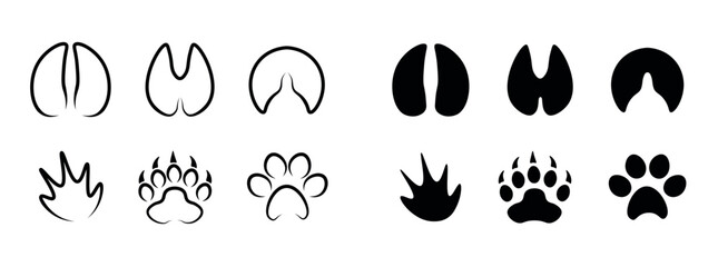 black and white silhouettes of animal footprints, horse, antelope, cat, crocodile, bear, and deer