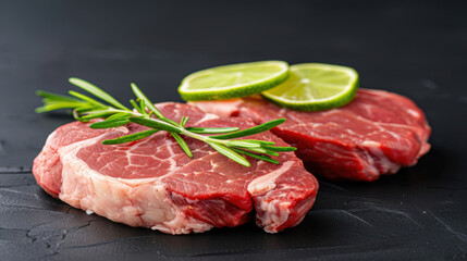Fototapeta premium A close-up view of two ribeye steaks with vibrant marbling, garnished with fresh rosemary and lime slices, set on a black surface for a rich and gourmet presentation. 