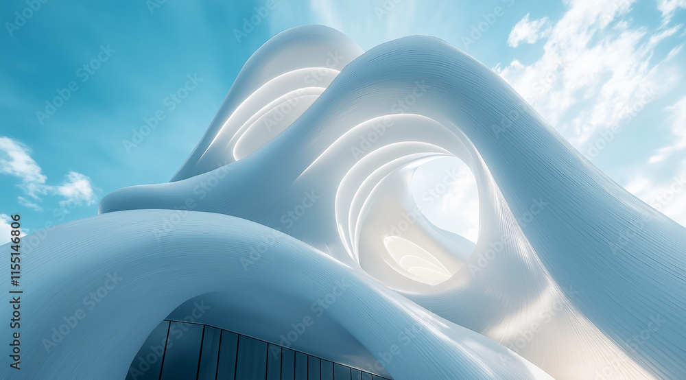 Poster 3d render of a sleek, white parametric architecture building with curved, fluid shapes. minimalistic