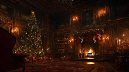 Obraz premium Ornate Victorian mansion's grand room decorated for Christmas, featuring a lit Christmas tree, fireplace, stockings, and presents.