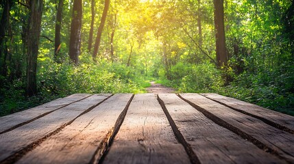 Fototapeta premium Wooden path in a sunny forest. Nature trail concept.