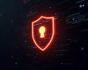 A shield icon glowing on a dark screen, Cybersecurity, Data Privacy. Generative AI