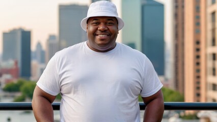 Plus size black man wearing white t-shirt and white bucket hat standing on cityscape background