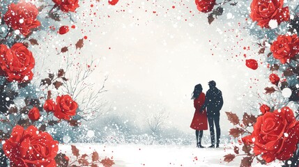 Romantic Winter Scene with a Couple in Red Surrounded by Snow and Vibrant Red Roses in a Frame, Capturing the Spirit of Christmas and Love in an Anime Style