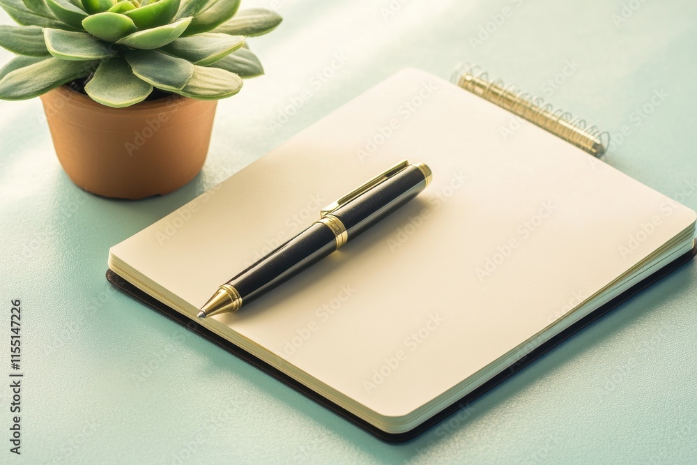 Aufkleber a sleek black pen rests on a blank notepad next to a small potted plant, creating a calming workspac