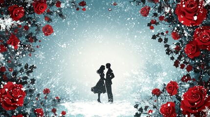 Obraz premium Enchanting Winter Scene with Silhouetted Couple Surrounded by Vibrant Red Roses and Snowflakes in a Dreamlike Setting Perfect for Holiday Celebrations