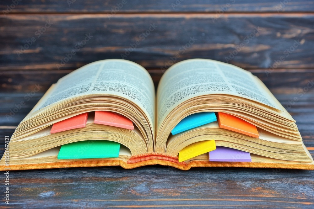 Poster an open book featuring colorful sticky notes, symbolizing study and organization.