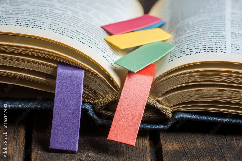 Poster an open book with colorful bookmarks, creating a vibrant and inviting study environment.
