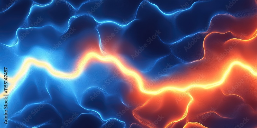 Poster energetic currents pulse through the backdrop, displaying vivid blue and orange waves that create a 