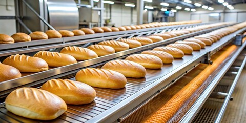 Loafs of bread moving along automated conveyor belt in bakery, conveyor belt, bakery