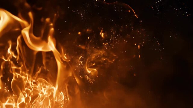 Bright, intense fire sparks and glowing particles floating against a black backdrop