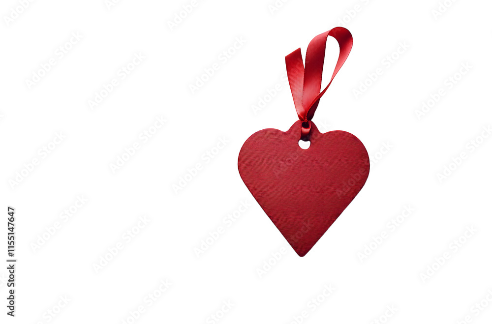 Poster red heart-shaped tag with a ribbon on a plain white background