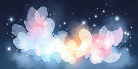 Colorful clouds blend seamlessly in a dreamy backdrop filled with soft hues and twinkling stars, creating a serene and magical night atmosphere
