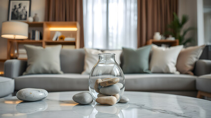 Comfortable sofa and coffee table in interior of living room. Generative AI