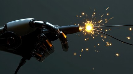 Fototapeta premium A robotic hand initiating a spark, symbolizing innovation and technology in robotics and engineering.