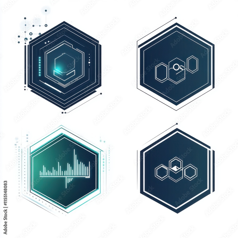 Poster four modern hexagonal technology icons with abstract designs, showcasing data visualization and conn