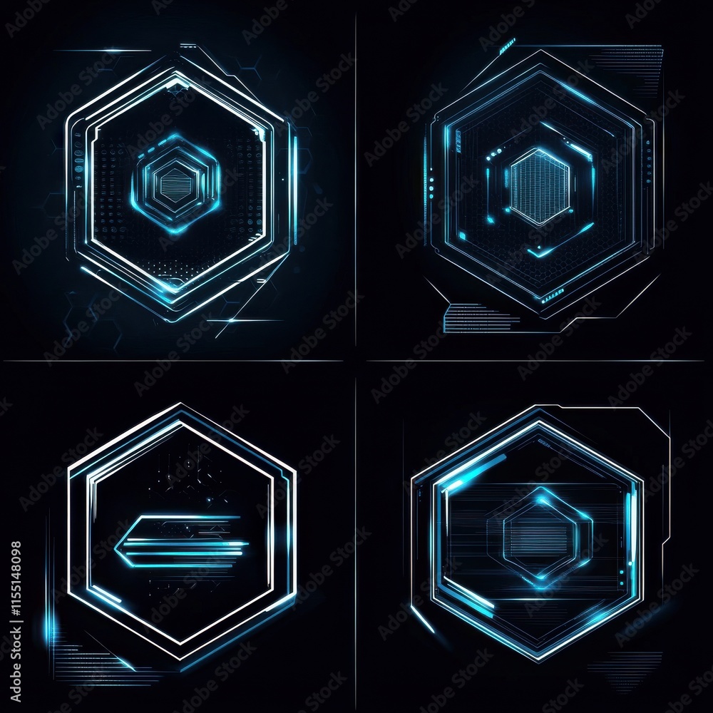 Poster futuristic hexagonal interfaces with glowing blue accents and intricate designs in a dark setting.
