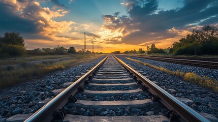 Fototapeta premium Sunset over Railroad Tracks. Concept of journey, transportation, and travel.