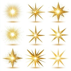 A collection of vibrant golden starbursts featuring various styles and designs.