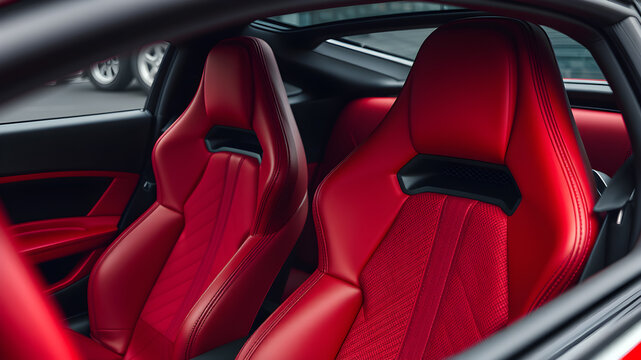 Modern luxury car red leather interior. Part of red perforated leather car seat details with white stitching. Interior of prestige car. Generative AI