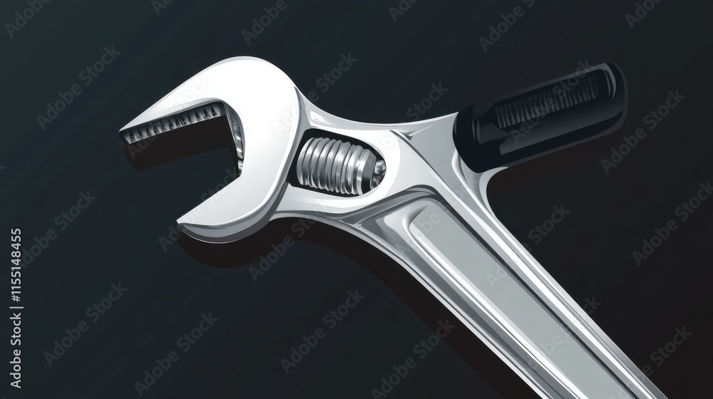 Poster close-up of a shiny adjustable wrench resting on a dark surface, showcasing its sleek design and fun