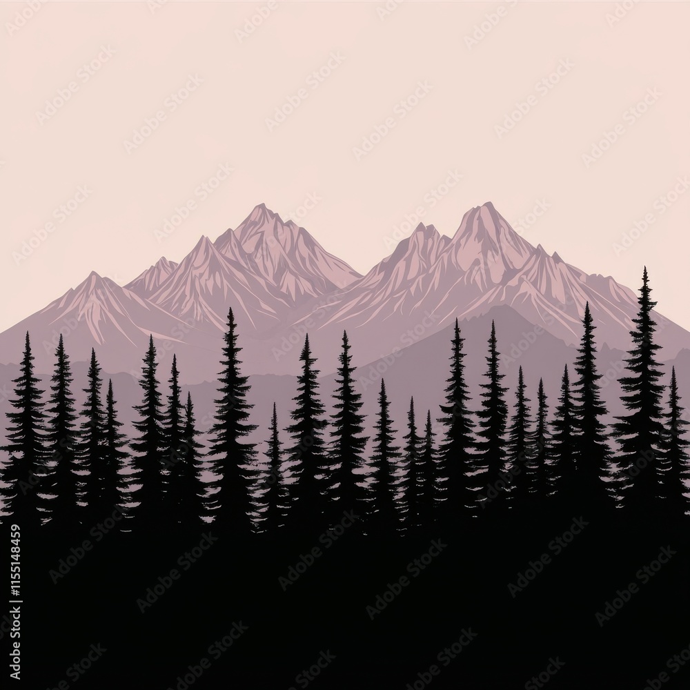 Poster silhouette of evergreen trees in front of majestic mountains at dusk, creating a serene and calming 