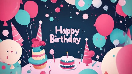 Vector birthday template, with the word "Happy Birthday" , party hat, balloons, cake, whistles, abstract backdrop