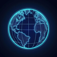 Naklejka premium A digital 3D illustration of a glowing blue globe, showcasing wireframe details of continents against a dark background.