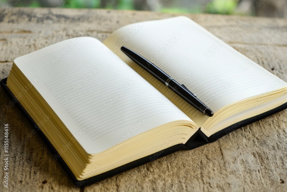 Poster an open notebook with a sleek black pen resting on the pages, set on a rustic wooden table.