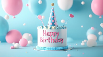 Abstract with the word "Happy Birthday" template, festive hat, colorful balloons, cake and whistle details 