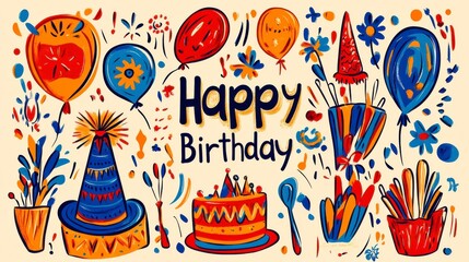 Birthday greeting card design with the word "Happy Birthday", vibrant balloons, party hat, cake, whistles, abstract vector art