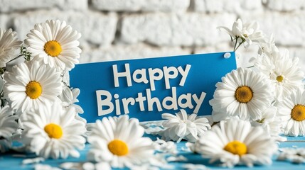 Cheerful blue with the word "Happy Birthday" on the banner, white daisy cutouts, white brick wall backdrop
