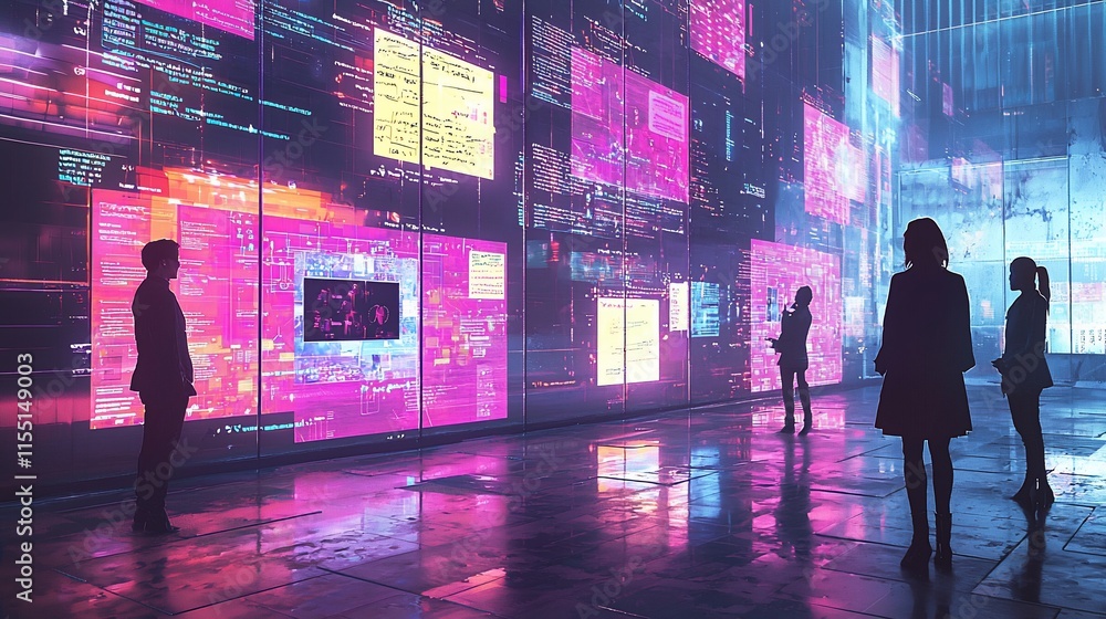 Poster silhouetted figures observe a vibrant, futuristic data wall displaying colorful digital information 