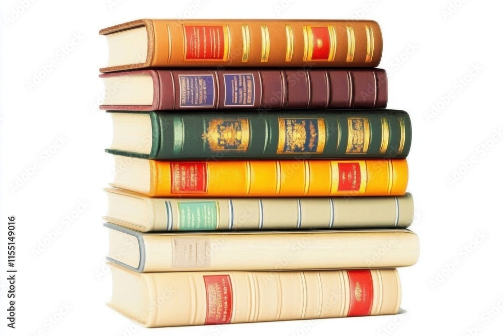 Poster a stack of colorful classic books showcasing various spine designs and colors against a plain backgr