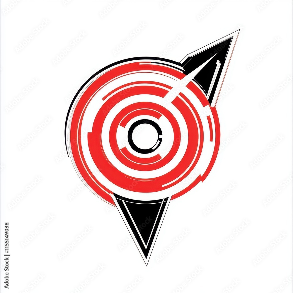 Poster stylized graphic design featuring concentric circles in red and black with directional arrows, repre
