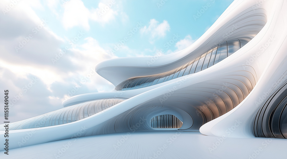 Poster 3d render of a sleek, white parametric architecture building with curved, fluid shapes. minimalistic