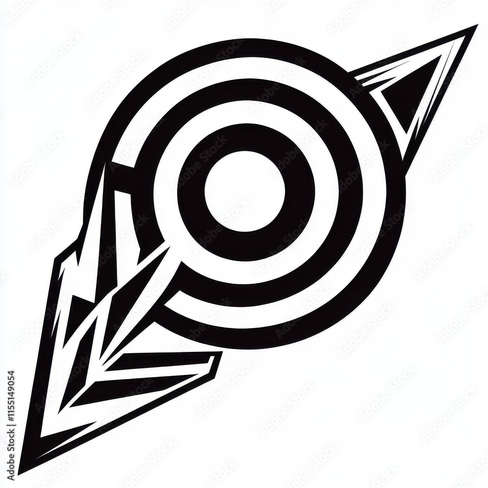Poster a striking black and white logo featuring concentric circles and angular arrow elements, evoking pre