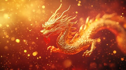 Fototapeta premium Golden dragon figurine against a fiery orange background with glittering bokeh.