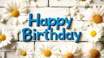 Festive with the word "Happy Birthday" banner in blue, daisy accents, rustic white brick background