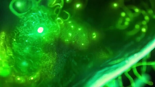 Like a celestial nebula, the bacteria spread across the frame in a dense, green formation.