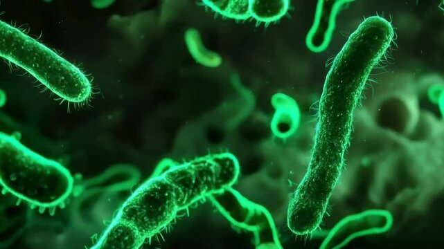 Many rod-shaped bacteria are shown in green. Vibrant colors and detailed images offer a glimpse into the microscopic world, highlighting the scientific beauty and mystery of life.