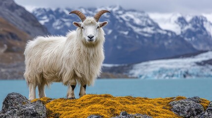 Fototapeta premium Majestic white goat stands on a rocky outcrop overlooking a turquoise glacial lake, with snow-capped mountains in the background.
